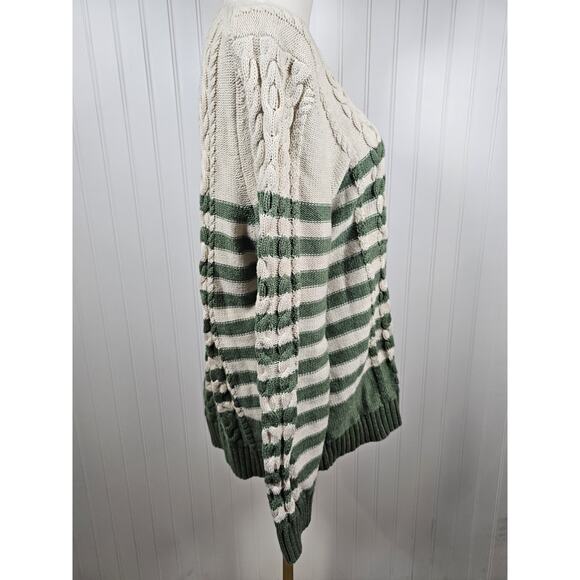 L.L Bean Chunky Striped Cable Knit Fishermen 100% Cotton Sweater Women's XL - Picture 2 of 9